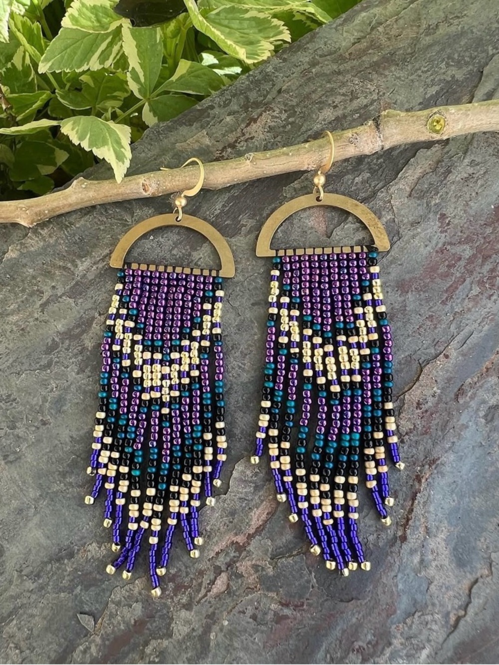 Boho Gold Arch Fringe Earrings with Purple & Teal Seed Beads